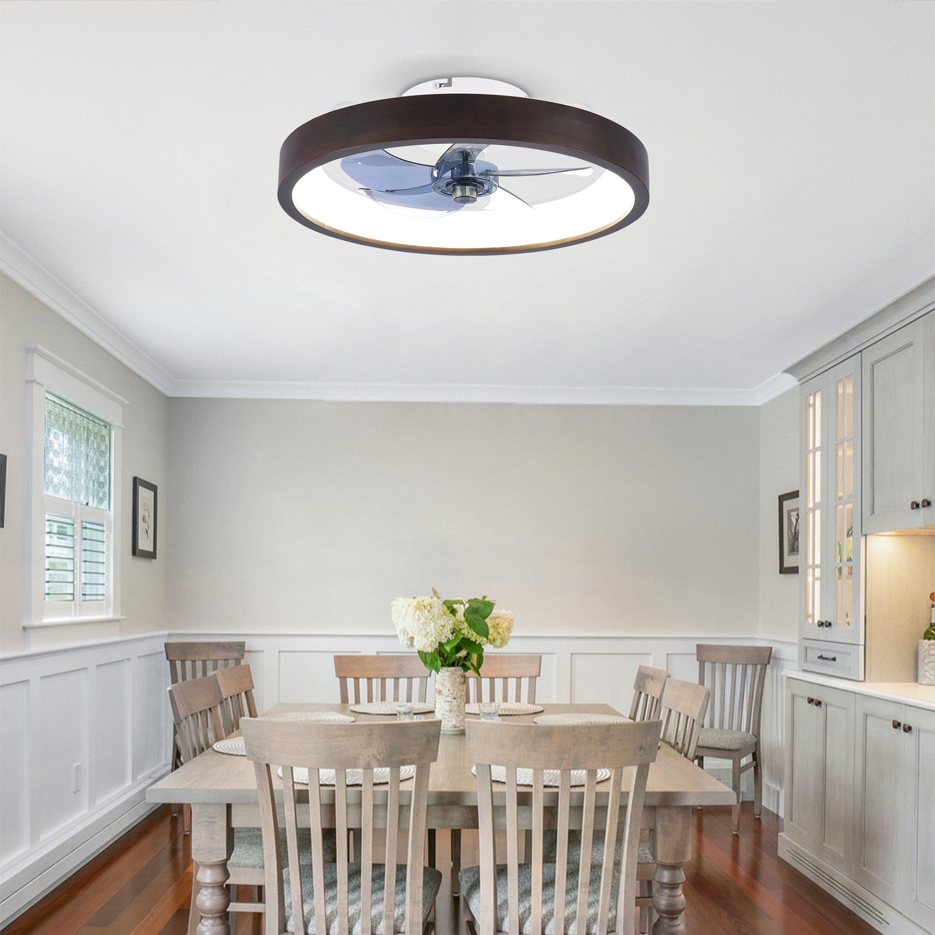 20"   Modern Flush Mount Ceiling Fans with Lights Kit (LED)  , 3000-6500K Dimmable  LED Fan Light, 6 Speeds, Quiet DC Motor For Living room, Bedroom,Kitchen----Wood+White