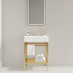 LOFI 24" Bathroom Vanity with Ceramic Basin, Freestanding Bathroom Console Sink Set, Glossy White Rectangular Ceramic Basin without Faucet, Open Metal Leg, Storage Shelves, Gold Color