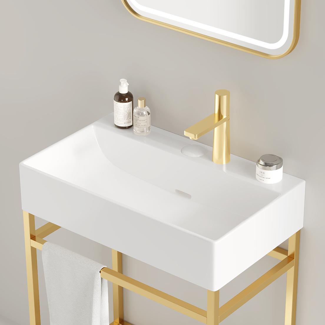 LOFI 24" Bathroom Vanity with Ceramic Basin, Freestanding Bathroom Console Sink Set, Glossy White Rectangular Ceramic Basin without Faucet, Open Metal Leg, Storage Shelves, Gold Color