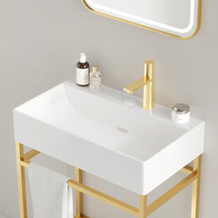 LOFI 24" Bathroom Vanity with Ceramic Basin, Freestanding Bathroom Console Sink Set, Glossy White Rectangular Ceramic Basin without Faucet, Open Metal Leg, Storage Shelves, Gold Color