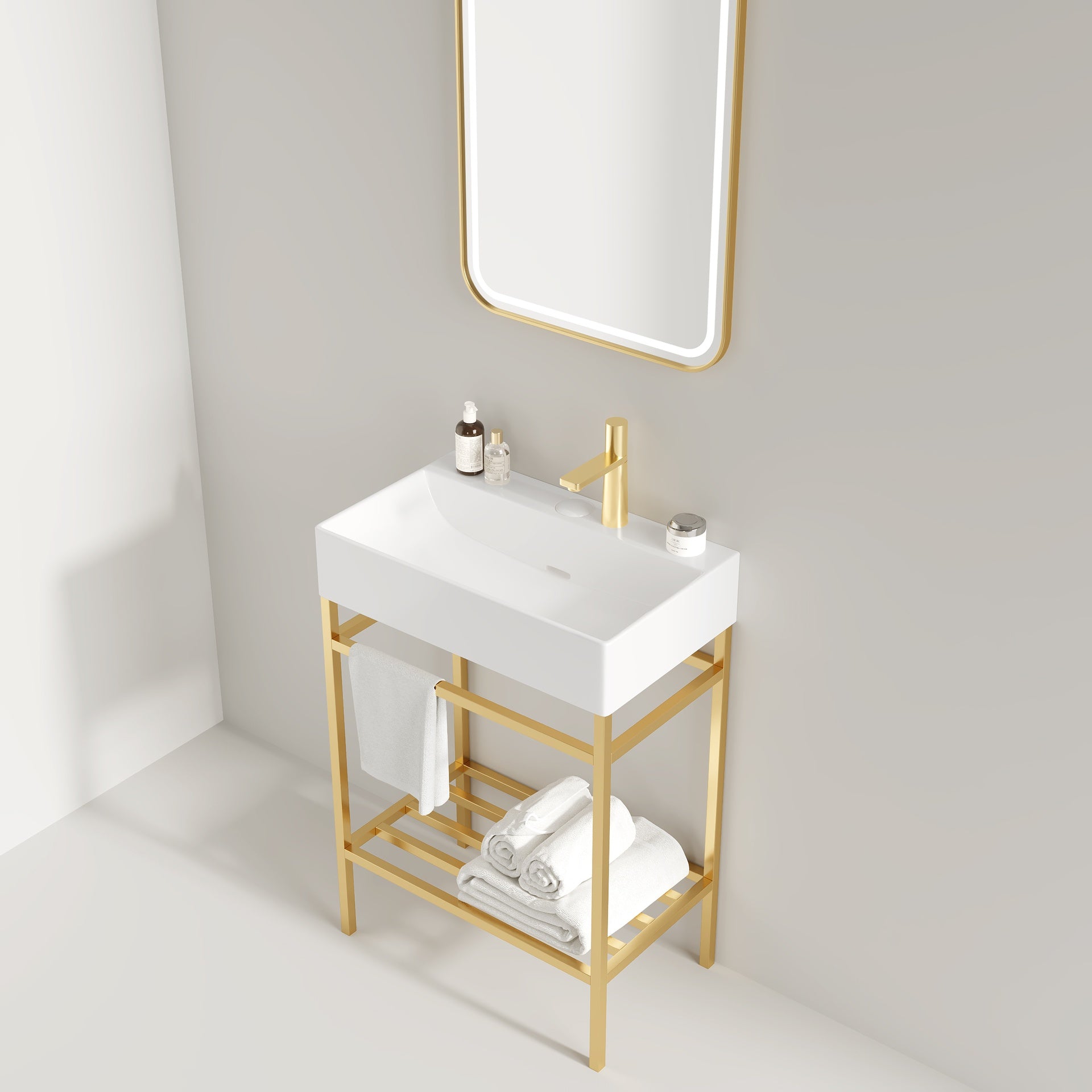 LOFI 24" Bathroom Vanity with Ceramic Basin, Freestanding Bathroom Console Sink Set, Glossy White Rectangular Ceramic Basin without Faucet, Open Metal Leg, Storage Shelves, Gold Color