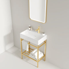 LOFI 24" Bathroom Vanity with Ceramic Basin, Freestanding Bathroom Console Sink Set, Glossy White Rectangular Ceramic Basin without Faucet, Open Metal Leg, Storage Shelves, Gold Color
