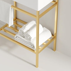 LOFI 24" Bathroom Vanity with Ceramic Basin, Freestanding Bathroom Console Sink Set, Glossy White Rectangular Ceramic Basin without Faucet, Open Metal Leg, Storage Shelves, Gold Color
