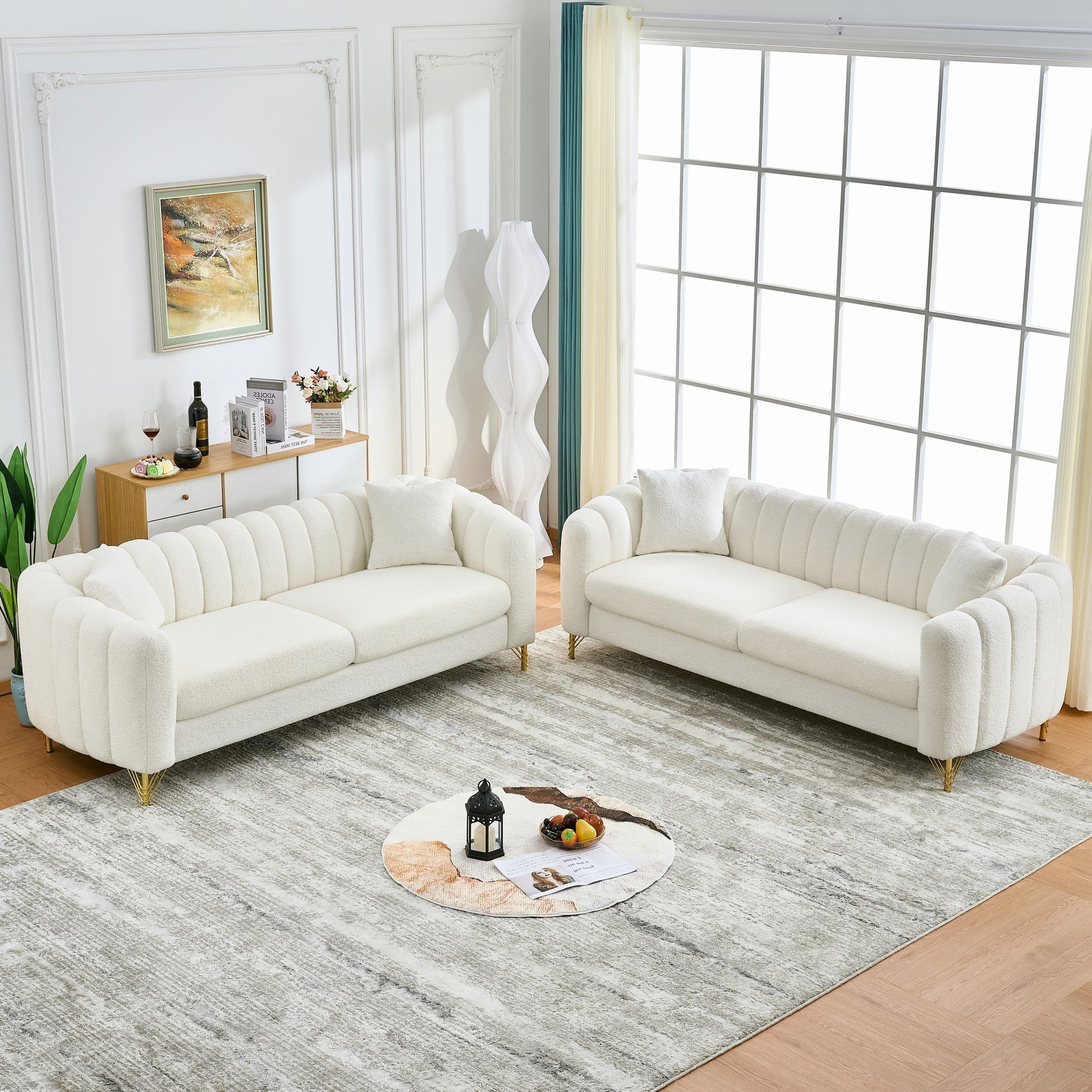 Oversized Chenille Sofa,Luxury 3 Seater +3 Seater Deep Couch,Modern Tufted Couch, Gold Metal Legs Sofa for Living Room, Bedroom, Apartment (White)