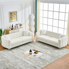 Oversized Chenille Sofa,Luxury 3 Seater +3 Seater Deep Couch,Modern Tufted Couch, Gold Metal Legs Sofa for Living Room, Bedroom, Apartment (White)