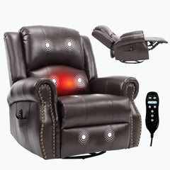 Heat Massage Manual Recliner Chair with Rocker and Swivel in Fabric for Living Room, Brown