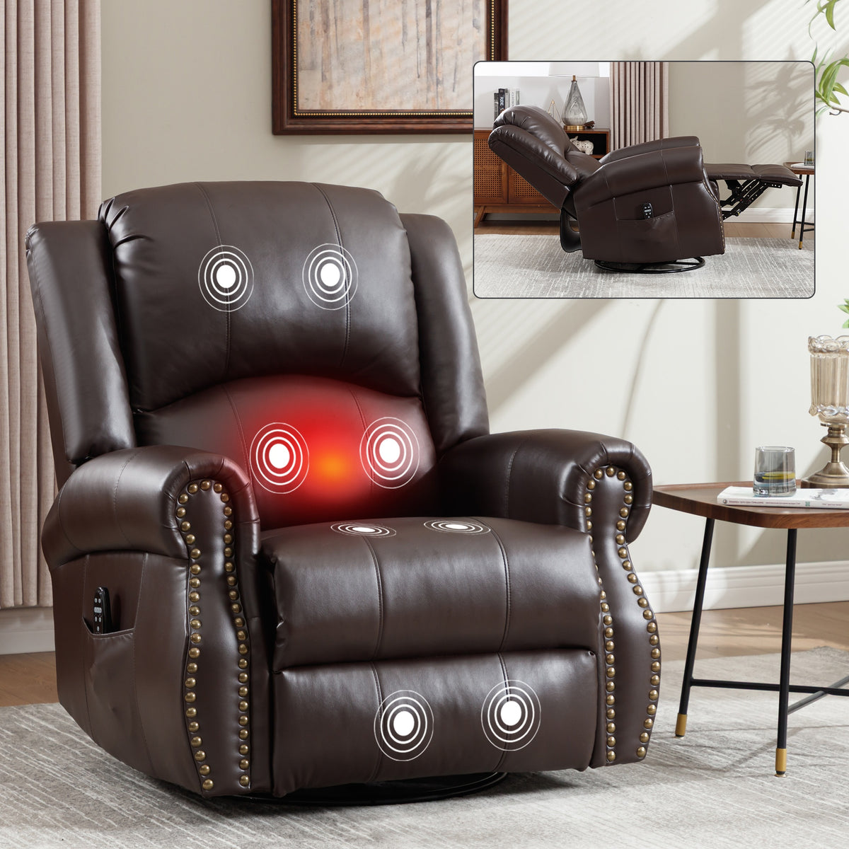 Heat Massage Manual Recliner Chair with Rocker and Swivel in Fabric for Living Room, Brown