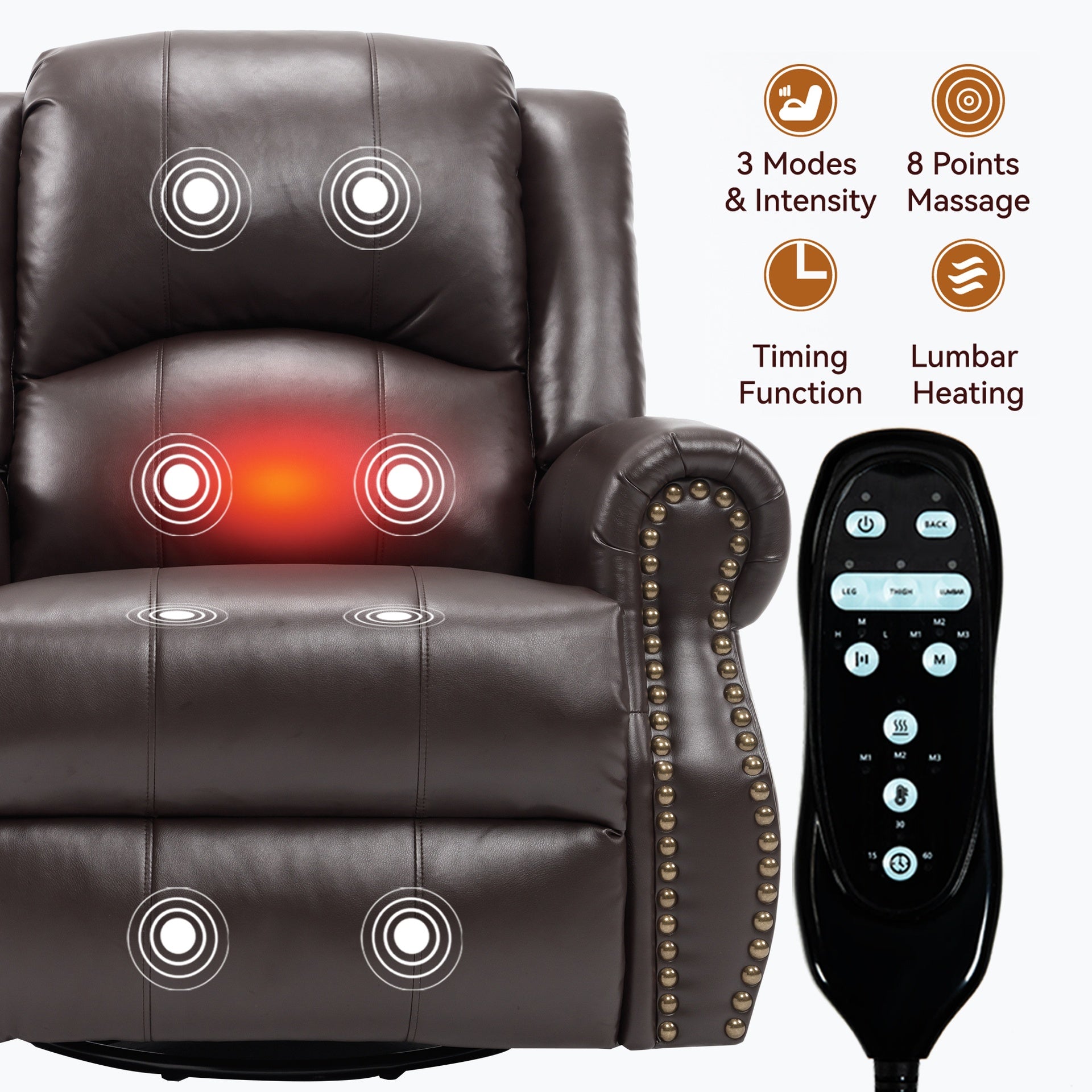 Heat Massage Manual Recliner Chair with Rocker and Swivel in Fabric for Living Room, Brown