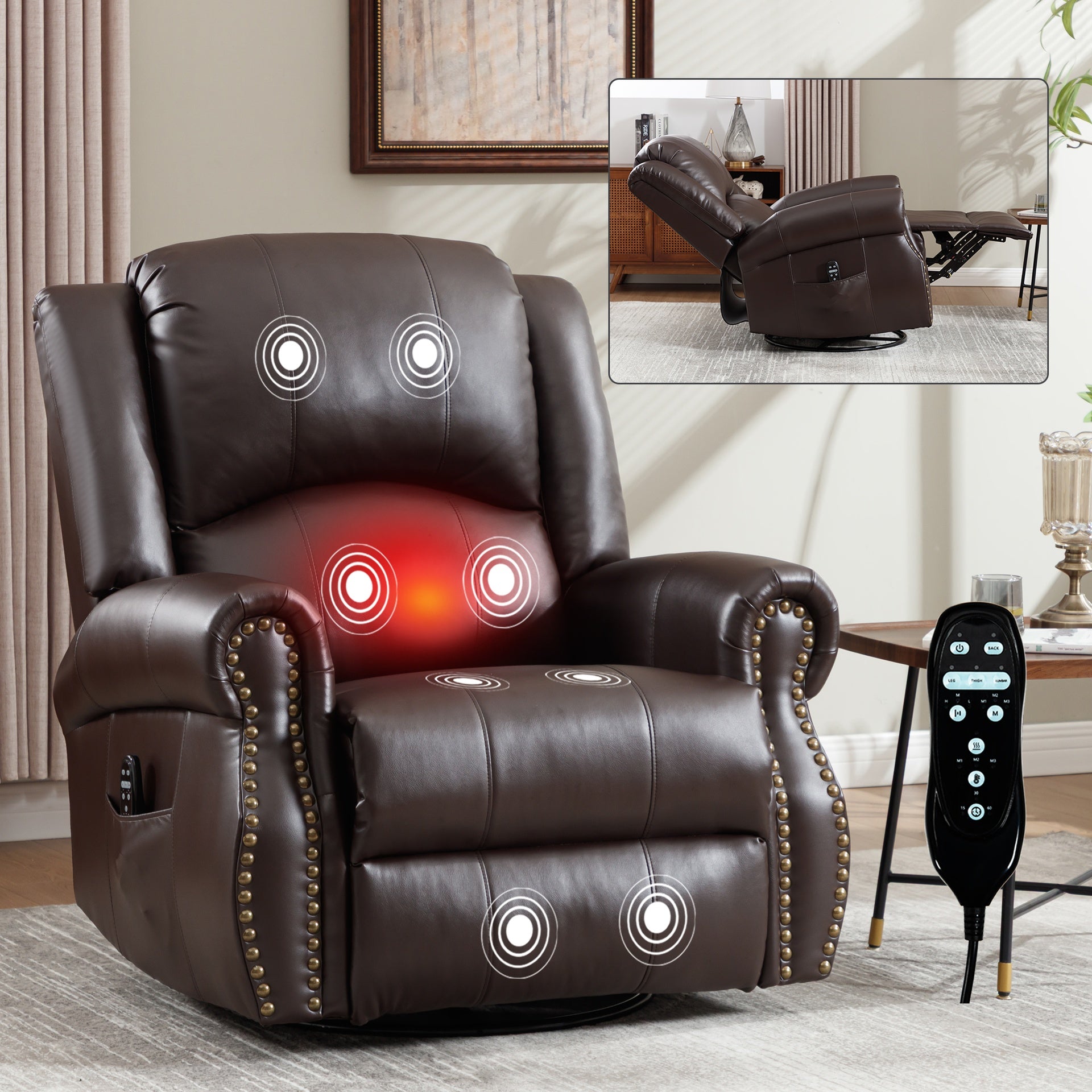 Heat Massage Manual Recliner Chair with Rocker and Swivel in Fabric for Living Room, Brown