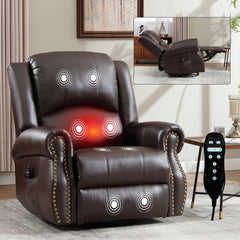 Heat Massage Manual Recliner Chair with Rocker and Swivel in Fabric for Living Room, Brown