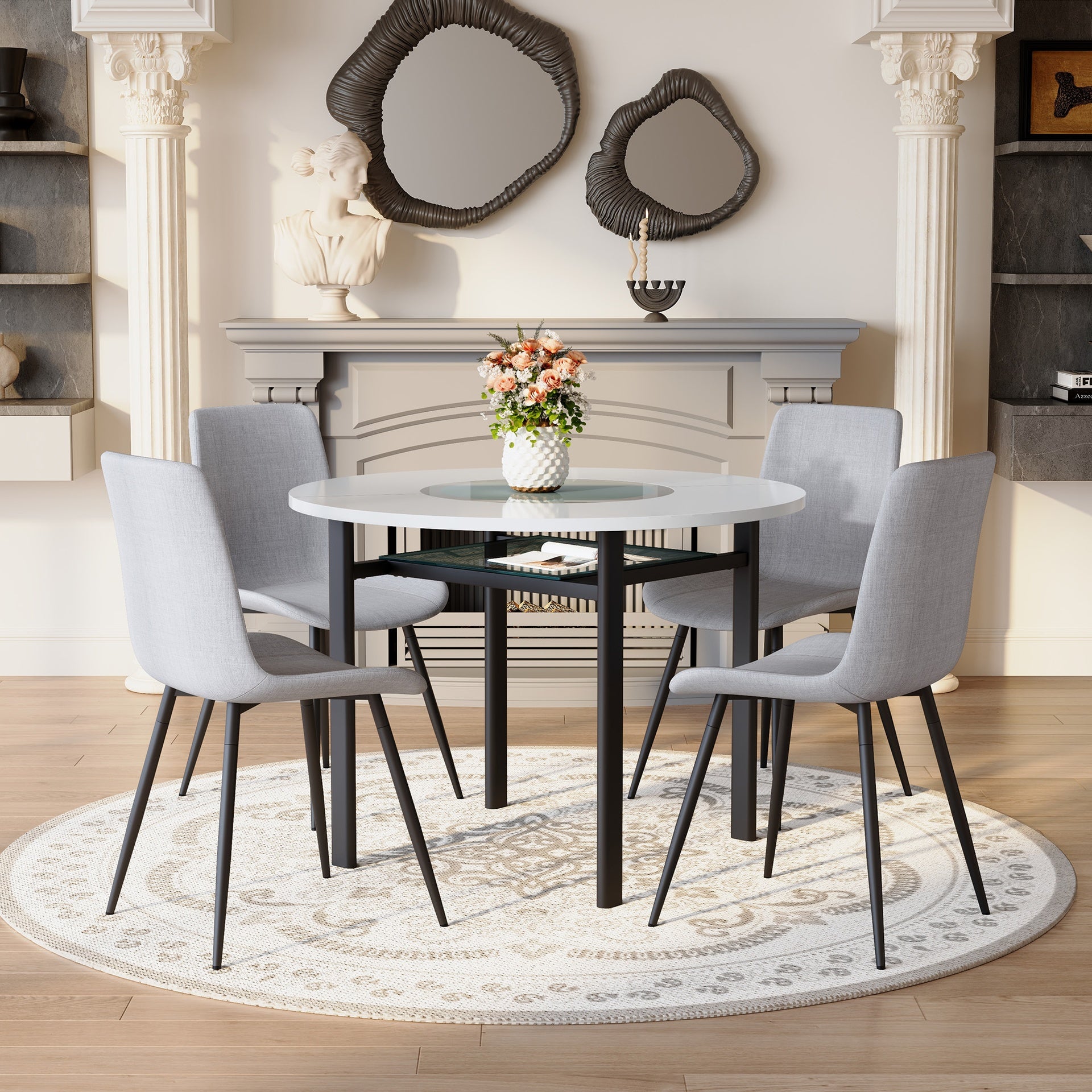 Table and chair set.42 inch modern minimalist white desktop round dining table set.Paired with 4 Light Gray Linen Dining Chairs With Curved Widened Cushion. Suitable for dining rooms,office,etc.