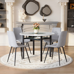 Table and chair set.42 inch modern minimalist white desktop round dining table set.Paired with 4 Light Gray Linen Dining Chairs With Curved Widened Cushion. Suitable for dining rooms,office,etc.