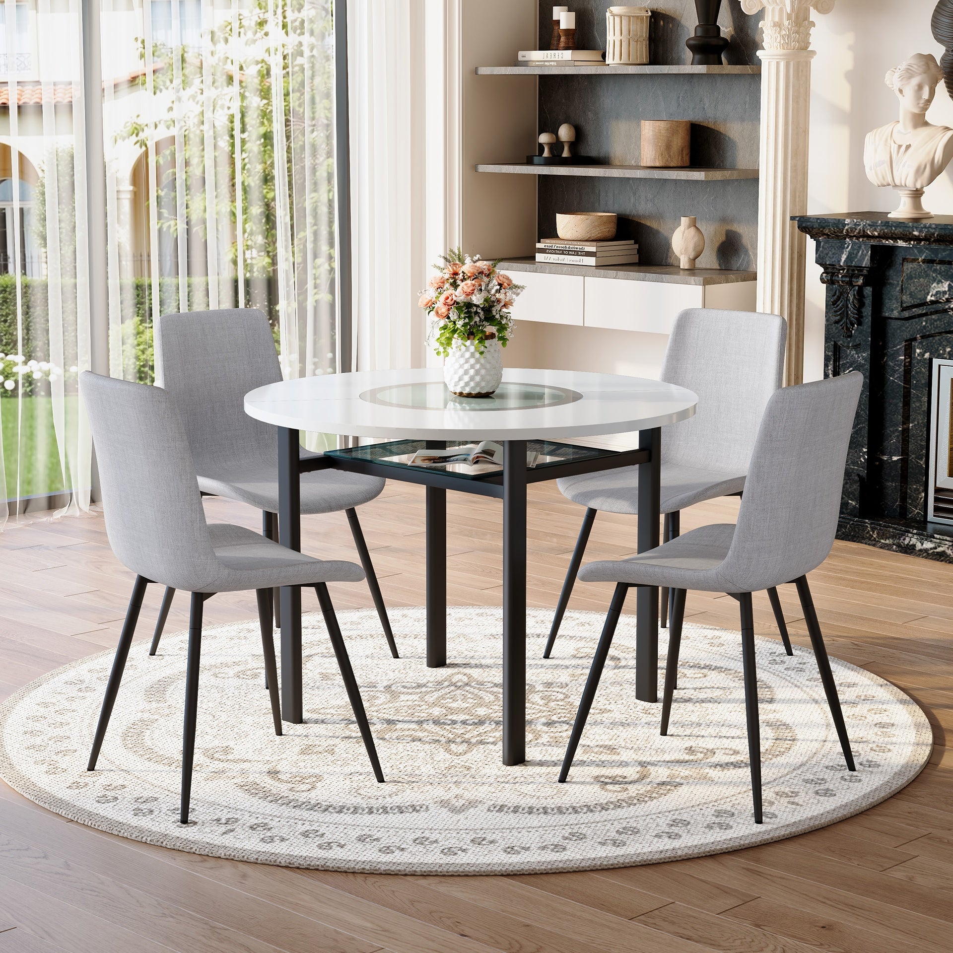 Table and chair set.42 inch modern minimalist white desktop round dining table set.Paired with 4 Light Gray Linen Dining Chairs With Curved Widened Cushion. Suitable for dining rooms,office,etc.
