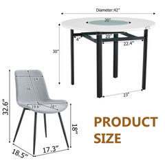 Table and chair set.42 inch modern minimalist white desktop round dining table set.Paired with 4 Light Gray Linen Dining Chairs With Curved Widened Cushion. Suitable for dining rooms,office,etc.