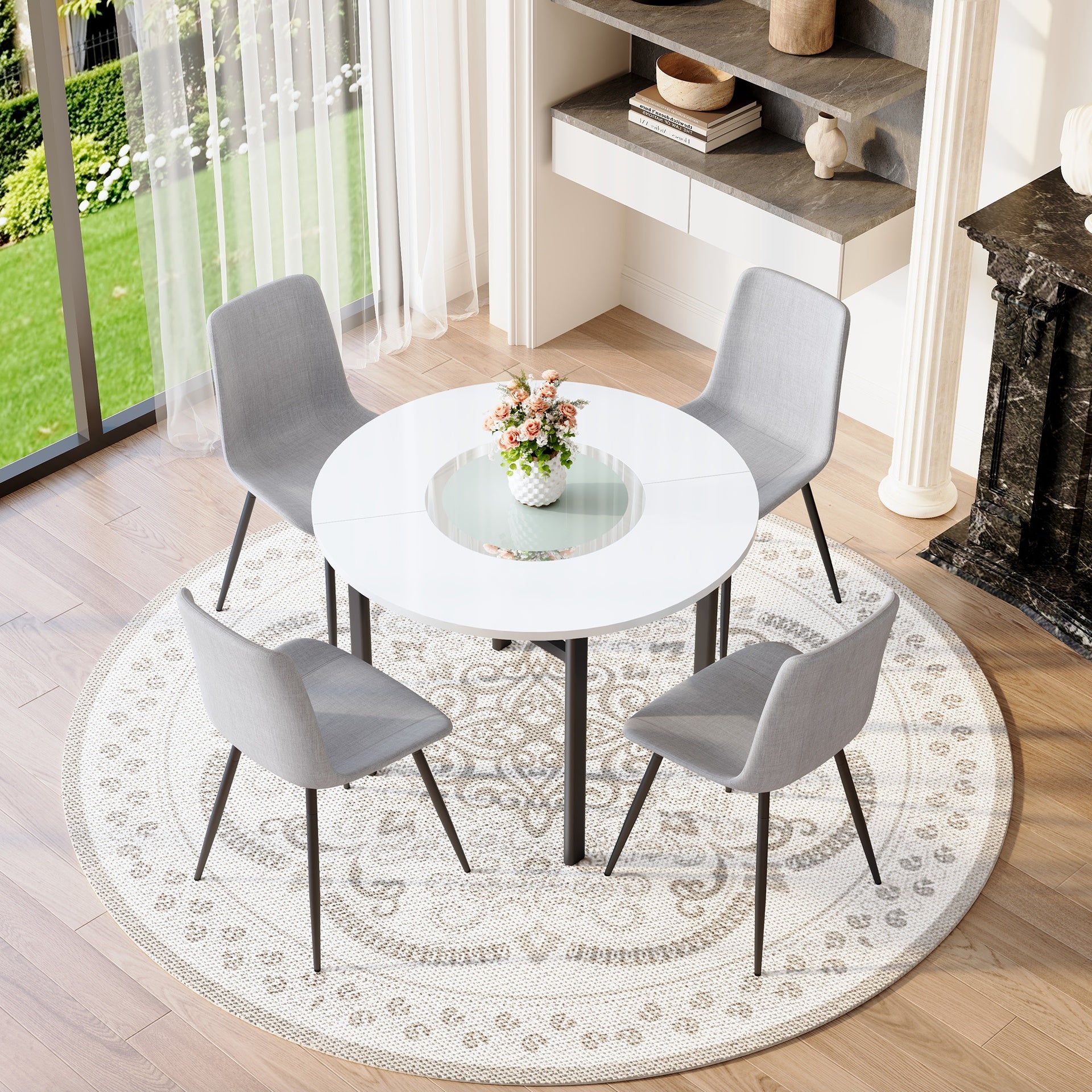 Table and chair set.42 inch modern minimalist white desktop round dining table set.Paired with 4 Light Gray Linen Dining Chairs With Curved Widened Cushion. Suitable for dining rooms,office,etc.