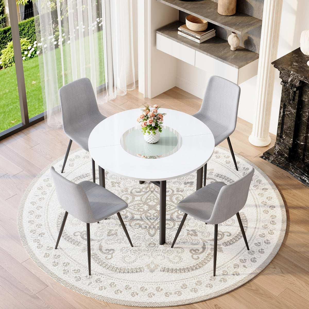 Table and chair set.42 inch modern minimalist white desktop round dining table set.Paired with 4 Light Gray Linen Dining Chairs With Curved Widened Cushion. Suitable for dining rooms,office,etc.