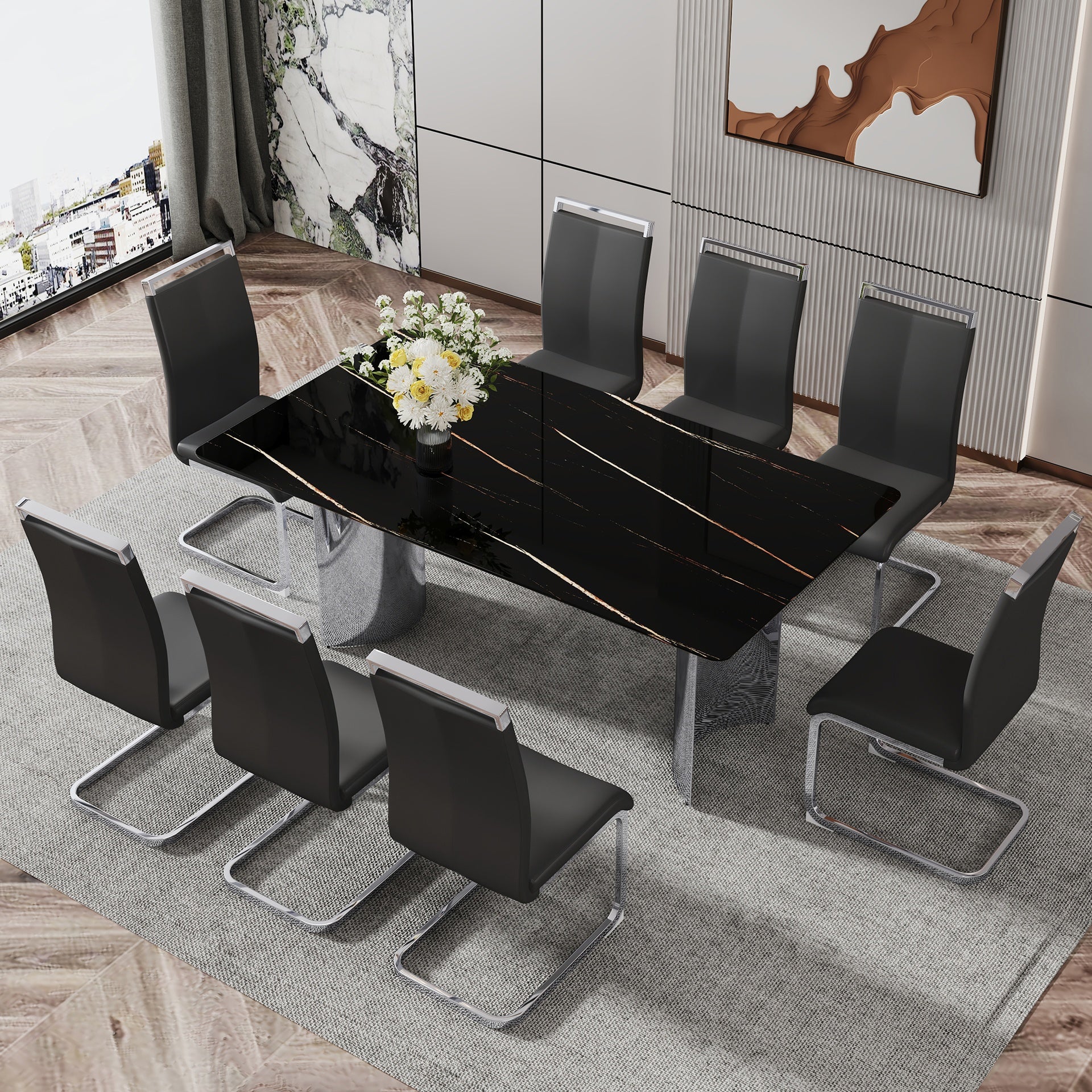 Table and chair set.The table has a glass top with imitation marble pattern stickers and stainless steel silver legs.Paired with 8 Black PU Chairs with Silver C-tube Metal Leg.