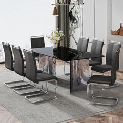 Table and chair set.The table has a glass top with imitation marble pattern stickers and stainless steel silver legs.Paired with 8 Black PU Chairs with Silver C-tube Metal Leg.