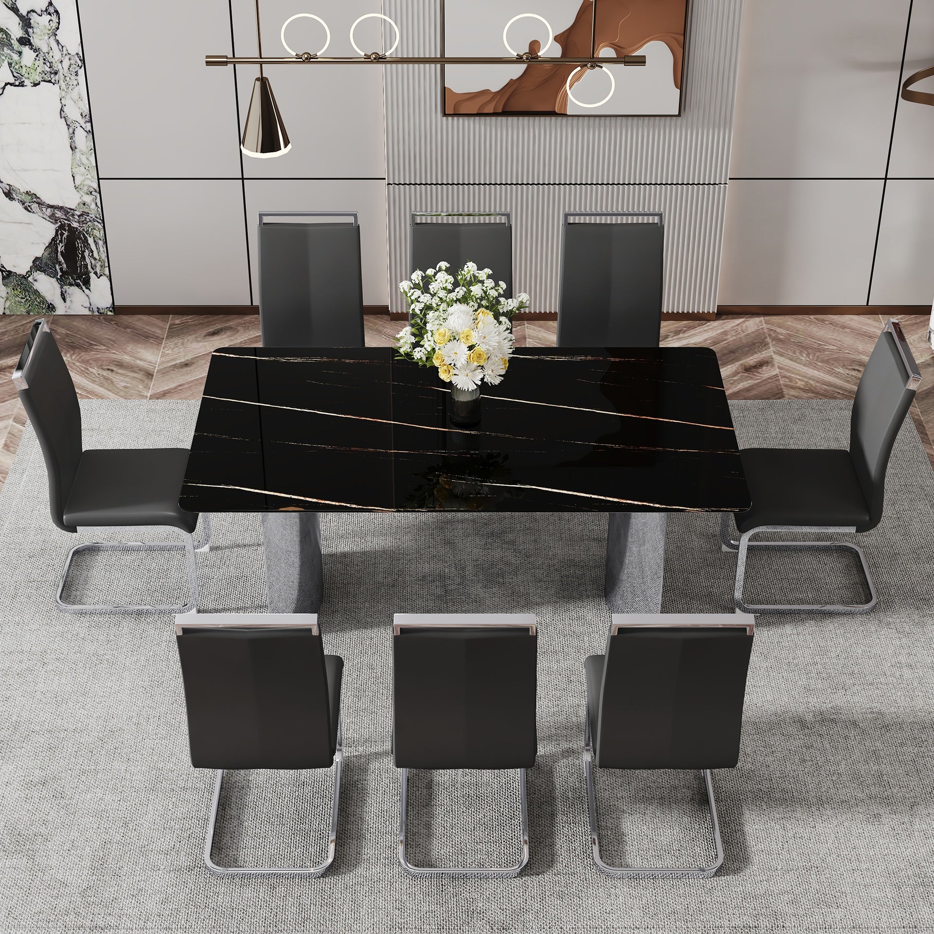 Table and chair set.The table has a glass top with imitation marble pattern stickers and stainless steel silver legs.Paired with 8 Black PU Chairs with Silver C-tube Metal Leg.