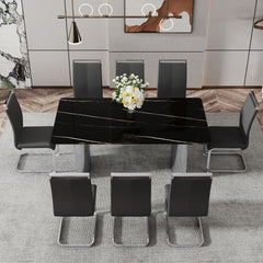 Table and chair set.The table has a glass top with imitation marble pattern stickers and stainless steel silver legs.Paired with 8 Black PU Chairs with Silver C-tube Metal Leg.