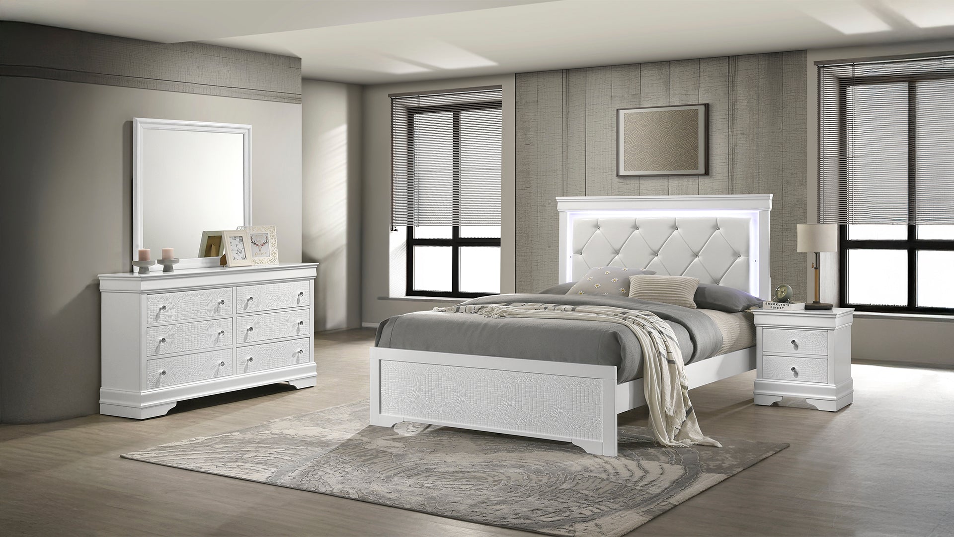 Blaze Upholstered Modern Style 4 Pc Full Bedroom Set with LED Headboard Made with Wood in White(NJ INVENTORY)