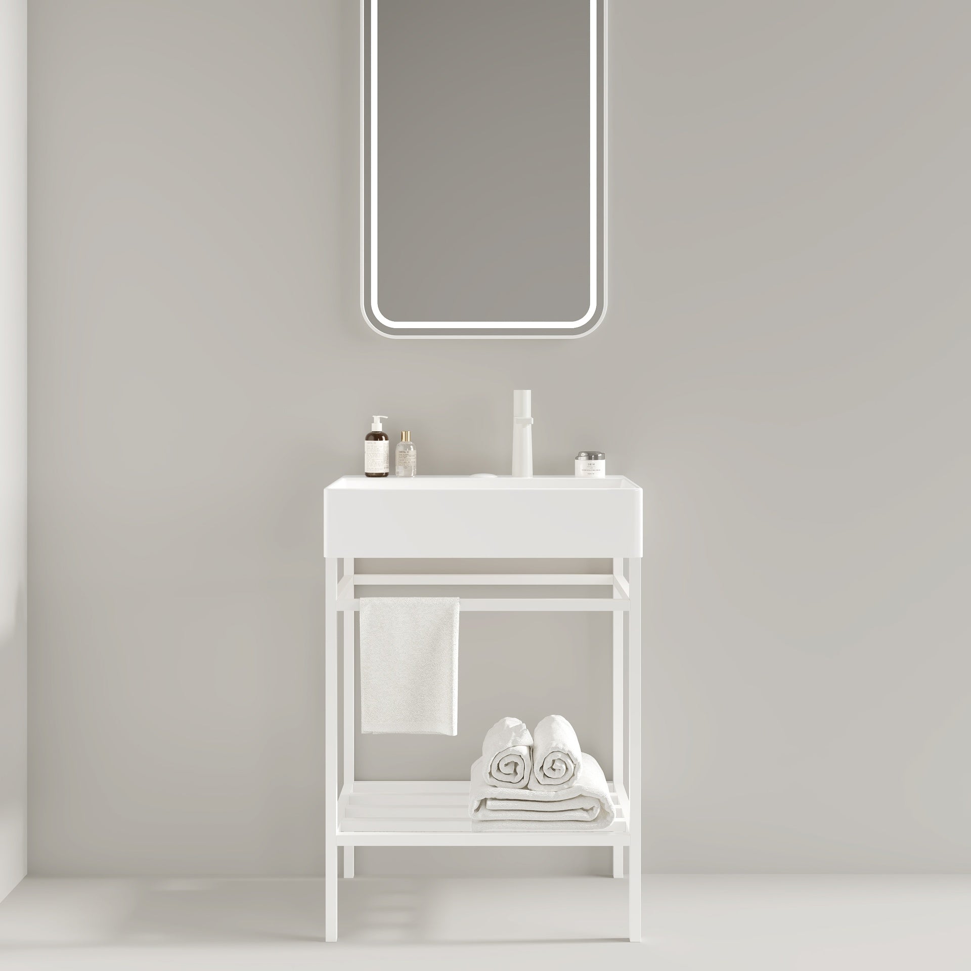 LOFI 24" Bathroom Vanity with Ceramic Basin, Freestanding Bathroom Console Sink Set, Glossy White Rectangular Ceramic Basin without Faucet, Open Metal Leg, Storage Shelves, White Color