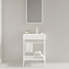 LOFI 24" Bathroom Vanity with Ceramic Basin, Freestanding Bathroom Console Sink Set, Glossy White Rectangular Ceramic Basin without Faucet, Open Metal Leg, Storage Shelves, White Color
