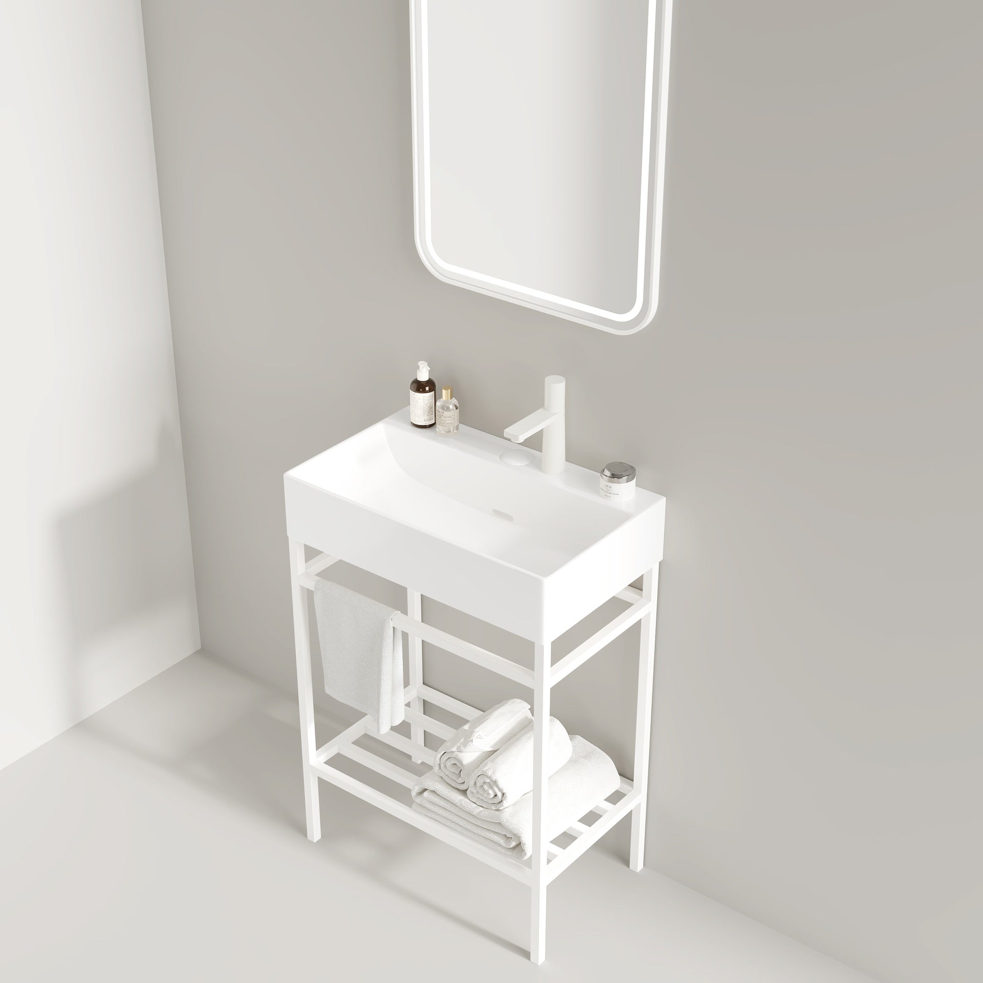 LOFI 24" Bathroom Vanity with Ceramic Basin, Freestanding Bathroom Console Sink Set, Glossy White Rectangular Ceramic Basin without Faucet, Open Metal Leg, Storage Shelves, White Color