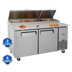 Orikool 67 IN Commercial Pizza Prep Table with a Built-in Refrigerator 20.3 Cu.Ft, Butcher Block Cutting Board, Protection Lid, Cold Storage, and Smooth-Rolling Casters, ETL Certified