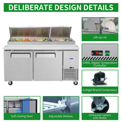 Orikool 67 IN Commercial Pizza Prep Table with a Built-in Refrigerator 20.3 Cu.Ft, Butcher Block Cutting Board, Protection Lid, Cold Storage, and Smooth-Rolling Casters, ETL Certified