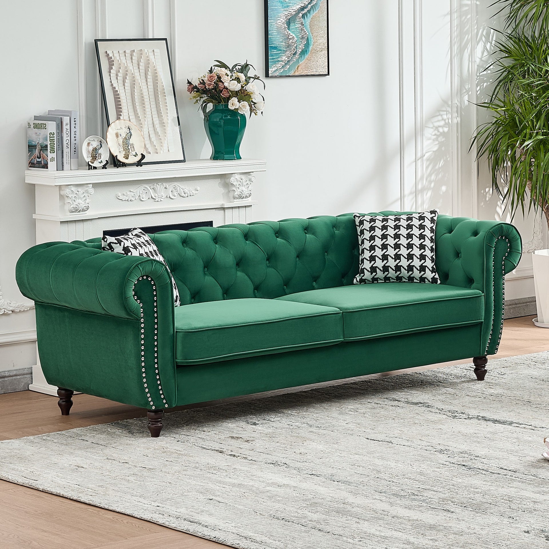 85"Chesterfield ‌velvet upholstery fabric Sofa with Roll Armrest & Nailhead,Upholstered Mid Century Modern Couch,3 Seater Couch for Living Room, Office, Apartment, Green