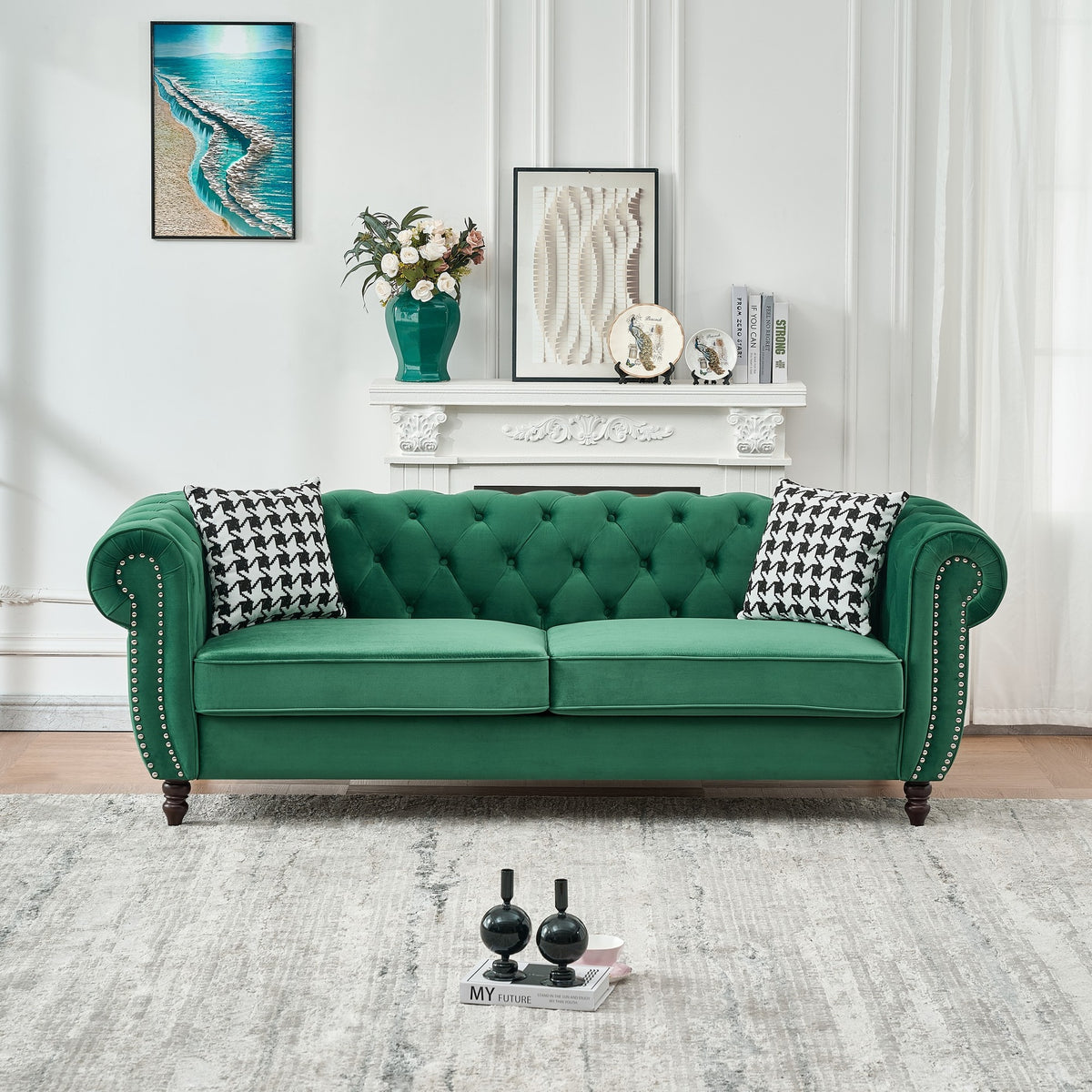 85"Chesterfield ‌velvet upholstery fabric Sofa with Roll Armrest & Nailhead,Upholstered Mid Century Modern Couch,3 Seater Couch for Living Room, Office, Apartment, Green