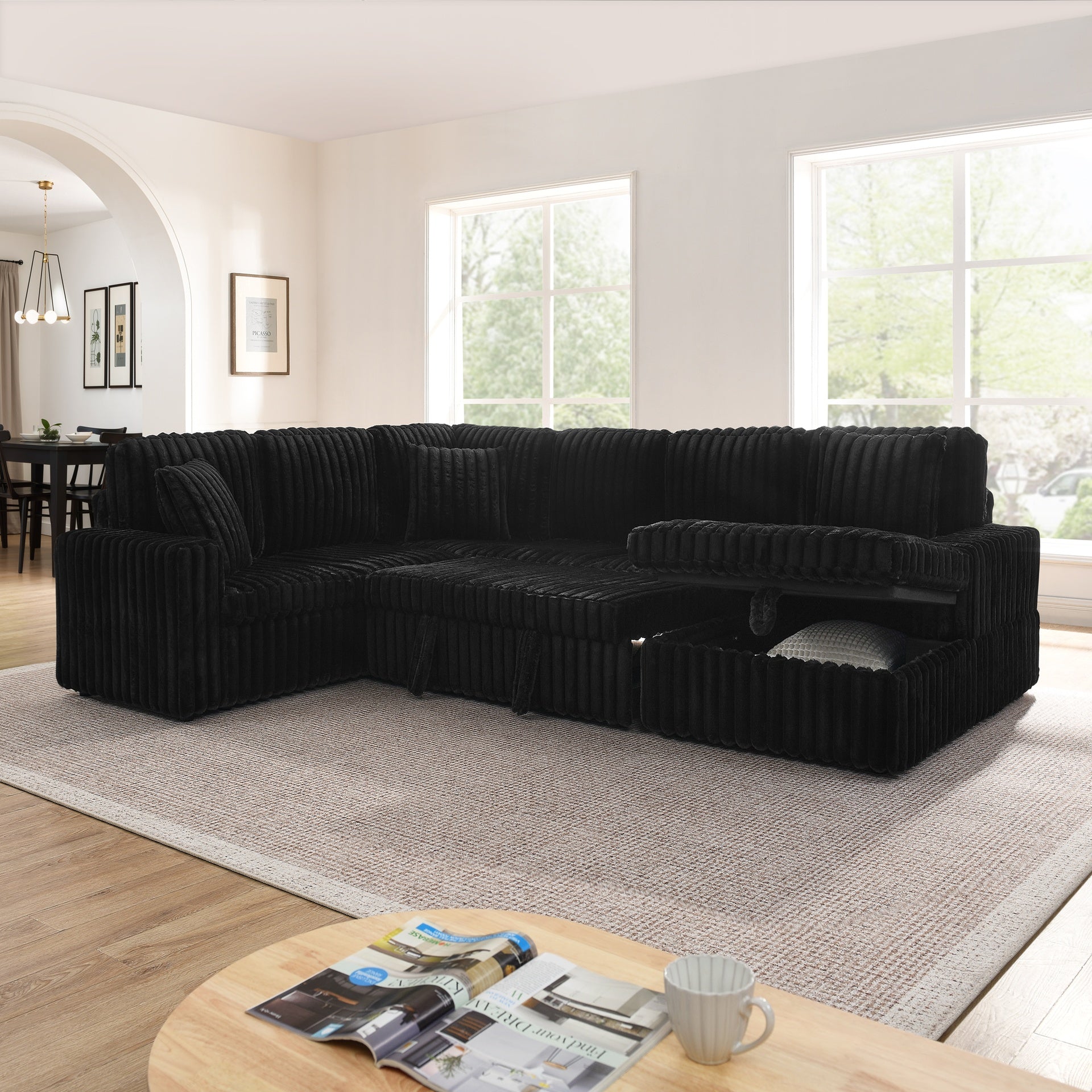 Corduroy Striped Upholstered Sofa, Modern Minimalist U-shaped combination sofa, Pull - out Bed & Storage Chaise, Seat Soft Couch - Black (Assembly is required)