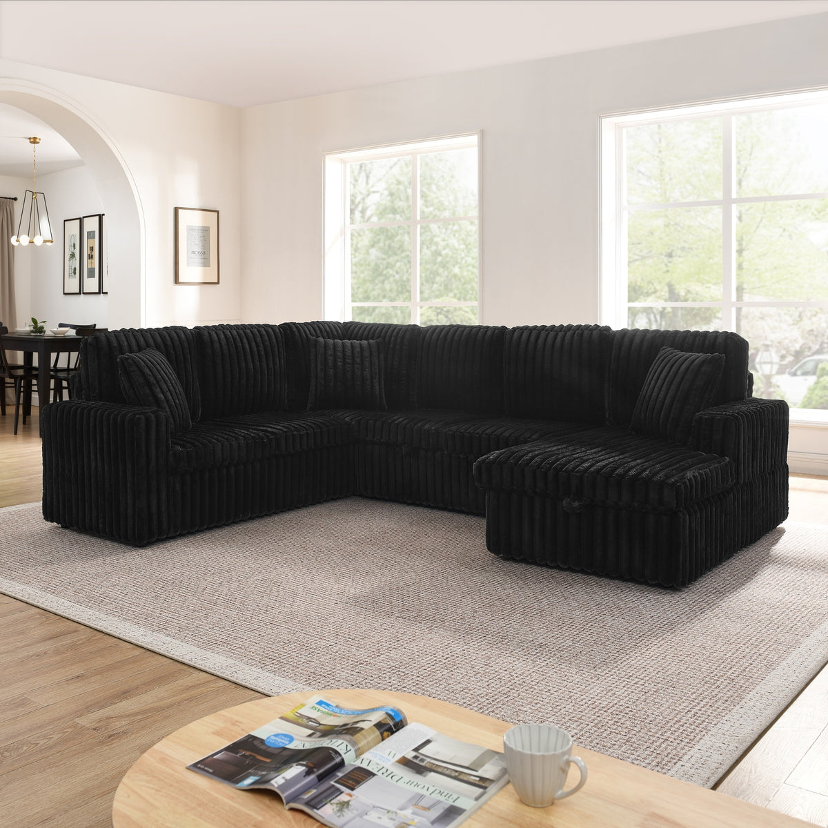 Corduroy Striped Upholstered Sofa, Modern Minimalist U-shaped combination sofa, Pull - out Bed & Storage Chaise, Seat Soft Couch - Black (Assembly is required)