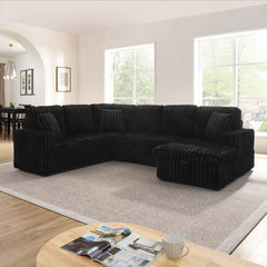 Corduroy Striped Upholstered Sofa, Modern Minimalist U-shaped combination sofa, Pull - out Bed & Storage Chaise, Seat Soft Couch - Black (Assembly is required)