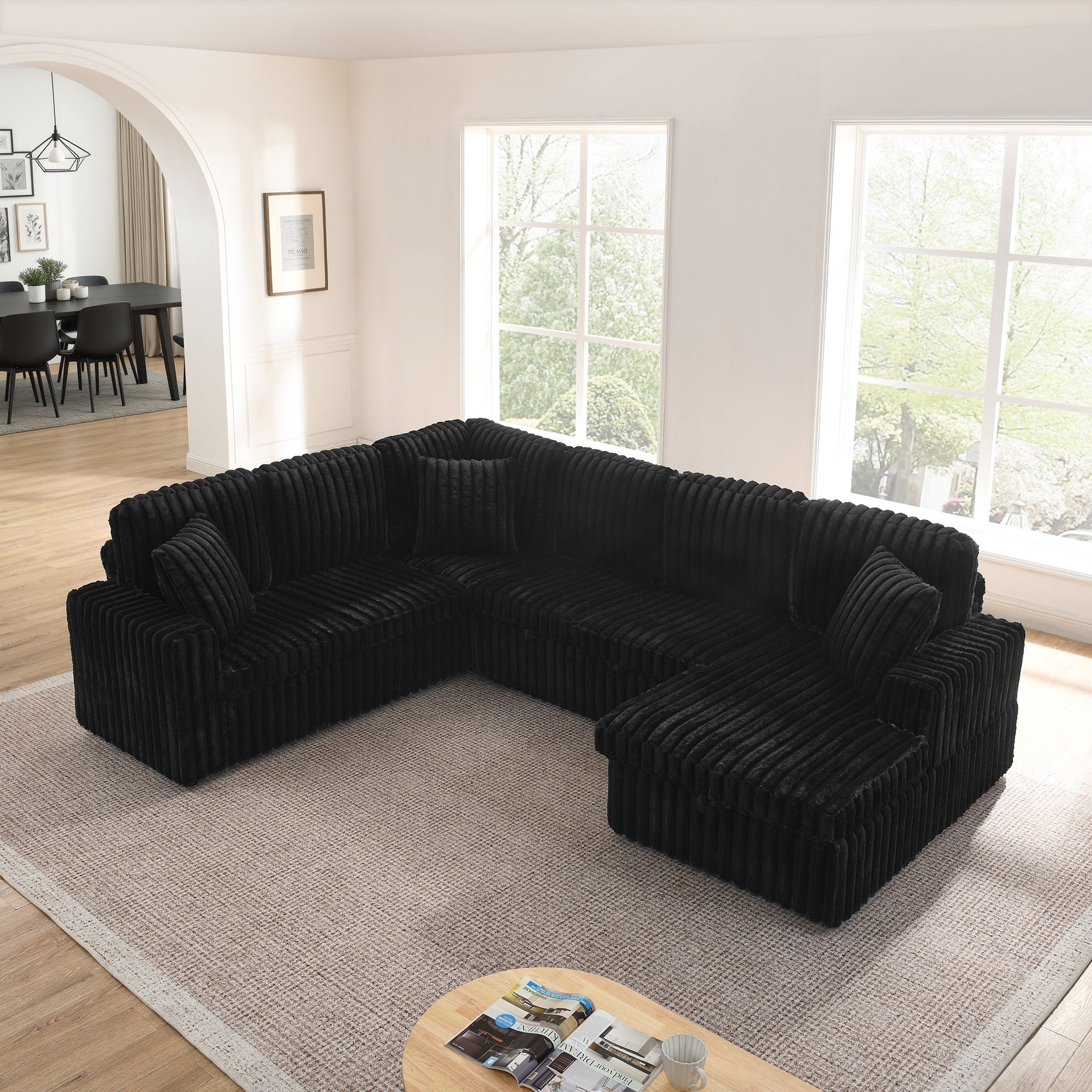 Corduroy Striped Upholstered Sofa, Modern Minimalist U-shaped combination sofa, Pull - out Bed & Storage Chaise, Seat Soft Couch - Black (Assembly is required)