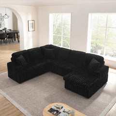 Corduroy Striped Upholstered Sofa, Modern Minimalist U-shaped combination sofa, Pull - out Bed & Storage Chaise, Seat Soft Couch - Black (Assembly is required)