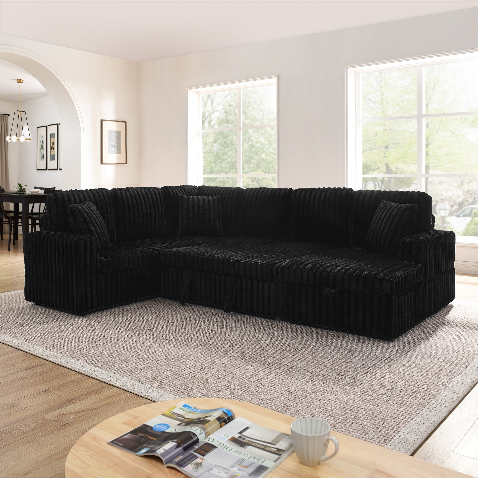 Corduroy Striped Upholstered Sofa, Modern Minimalist U-shaped combination sofa, Pull - out Bed & Storage Chaise, Seat Soft Couch - Black (Assembly is required)