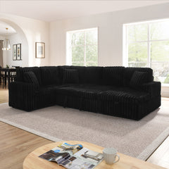 Corduroy Striped Upholstered Sofa, Modern Minimalist U-shaped combination sofa, Pull - out Bed & Storage Chaise, Seat Soft Couch - Black (Assembly is required)