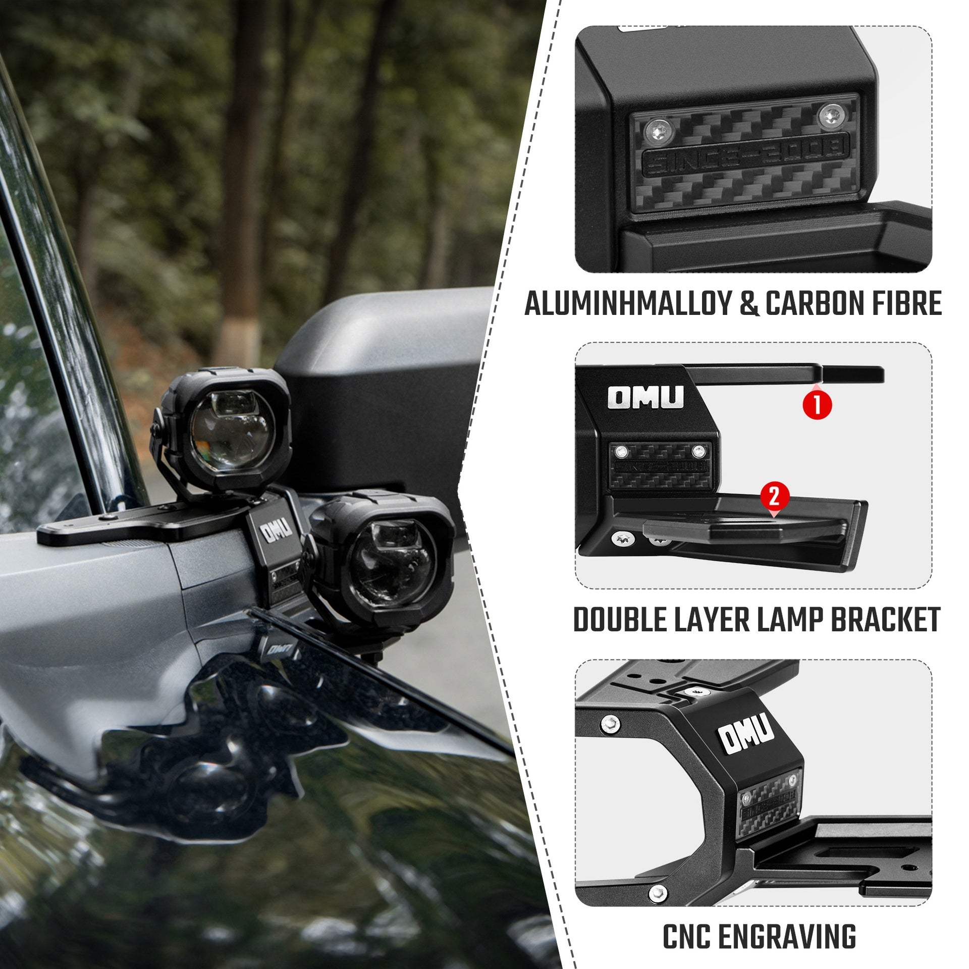 OMU Genesis Series Aluminum A-Pillar Light System Mount For Ford Bronco 2021+(Not fit for Ford Bronco Sport)