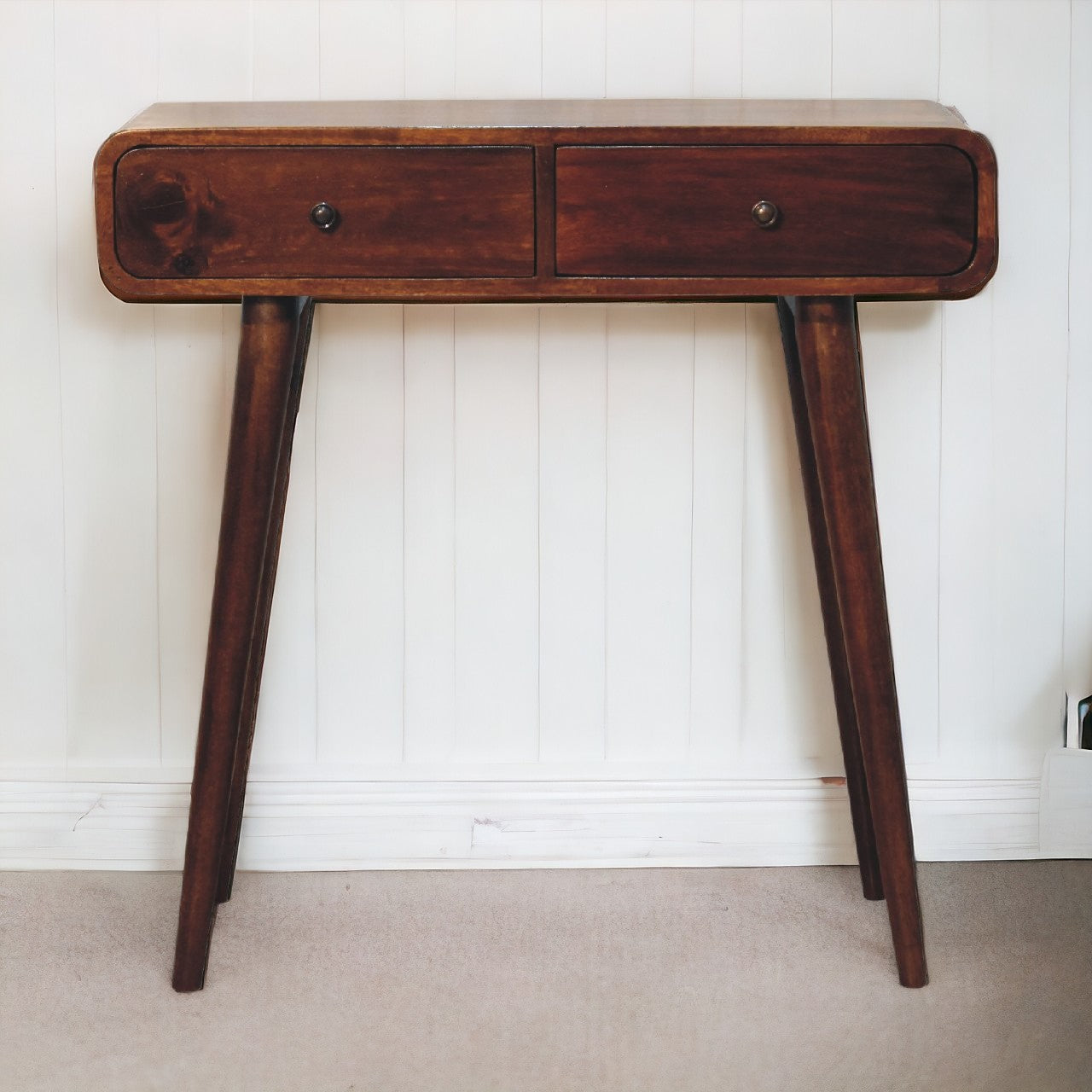 Solid Wood Chestnut Curved Hallway Table, 2-Drawers, Nordic Legs, Dark Brown