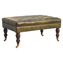 Buffalo Leather Upholstered Ottoman with Castor Legs, Green and Dark Brown
