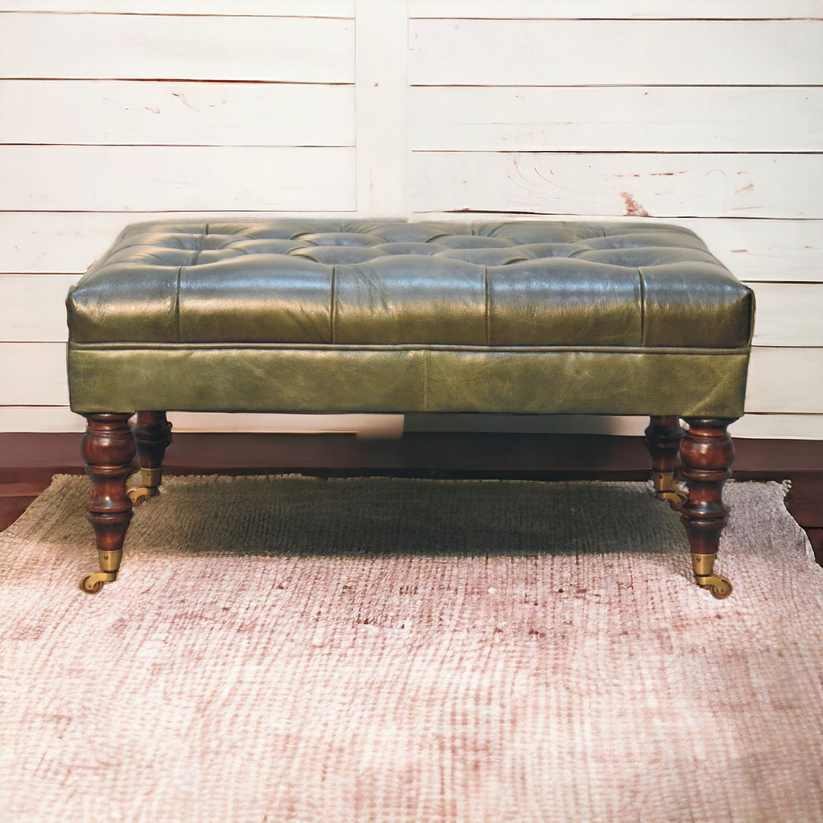 Buffalo Leather Upholstered Ottoman with Castor Legs, Green and Dark Brown