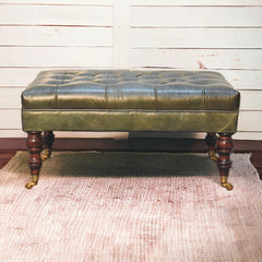 Buffalo Leather Upholstered Ottoman with Castor Legs, Green and Dark Brown