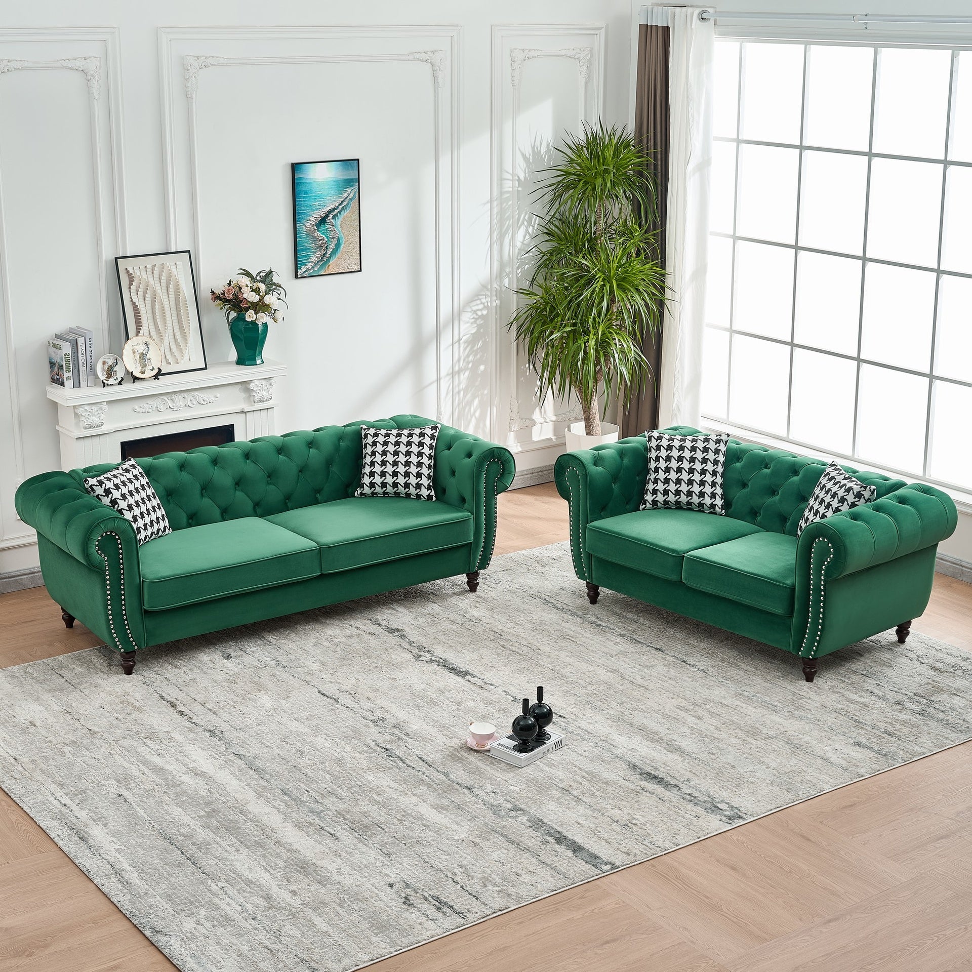 3 Seater & 2 Seater Chesterfield ‌velvet upholstery fabric Sofa with Roll Armrest & Nailhead,Upholstered Mid Century Modern Couch, 3+2 Seater Couch for Living Room, Office, Apartment, Green