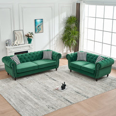 3 Seater & 2 Seater Chesterfield ‌velvet upholstery fabric Sofa with Roll Armrest & Nailhead,Upholstered Mid Century Modern Couch, 3+2 Seater Couch for Living Room, Office, Apartment, Green