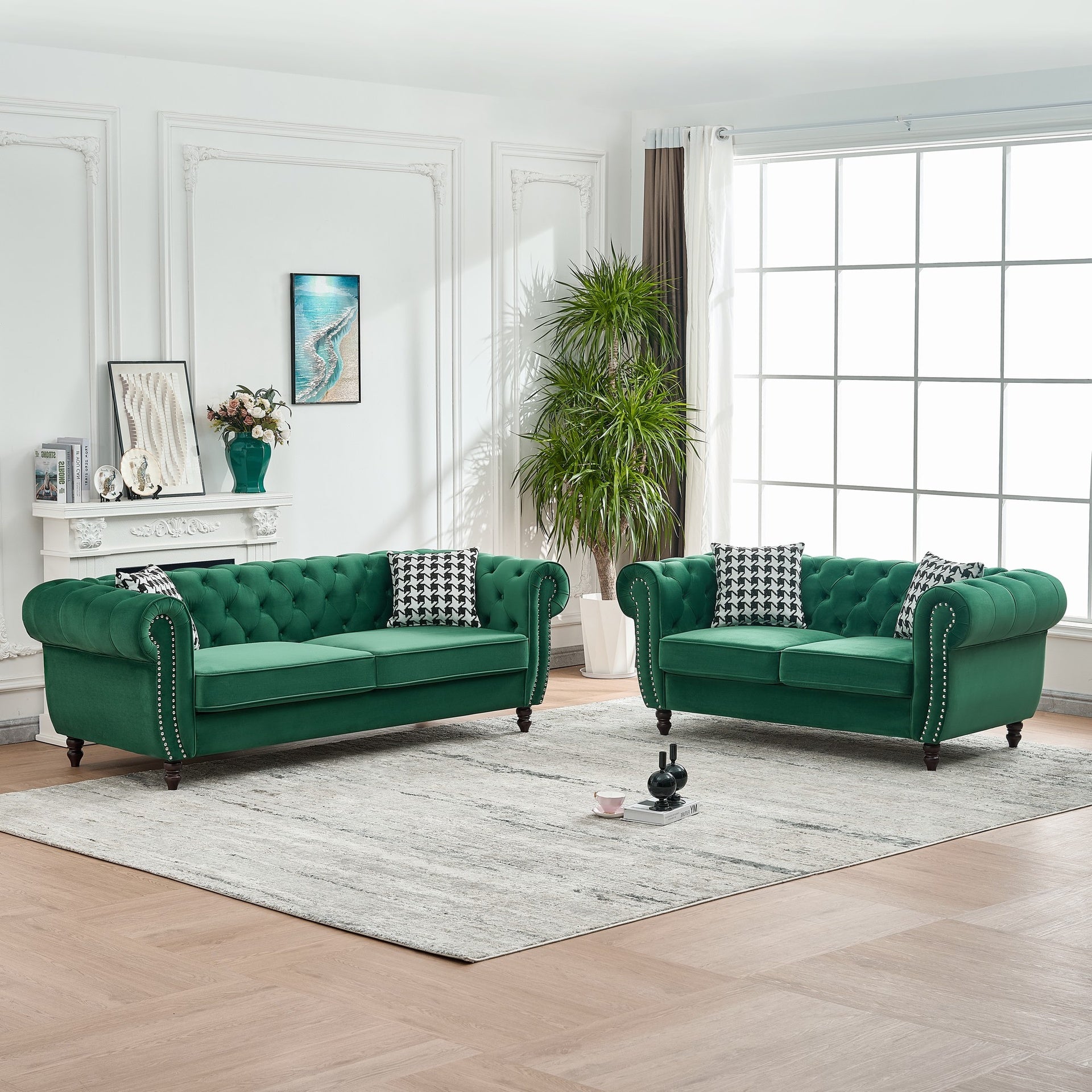 3 Seater & 2 Seater Chesterfield ‌velvet upholstery fabric Sofa with Roll Armrest & Nailhead,Upholstered Mid Century Modern Couch, 3+2 Seater Couch for Living Room, Office, Apartment, Green