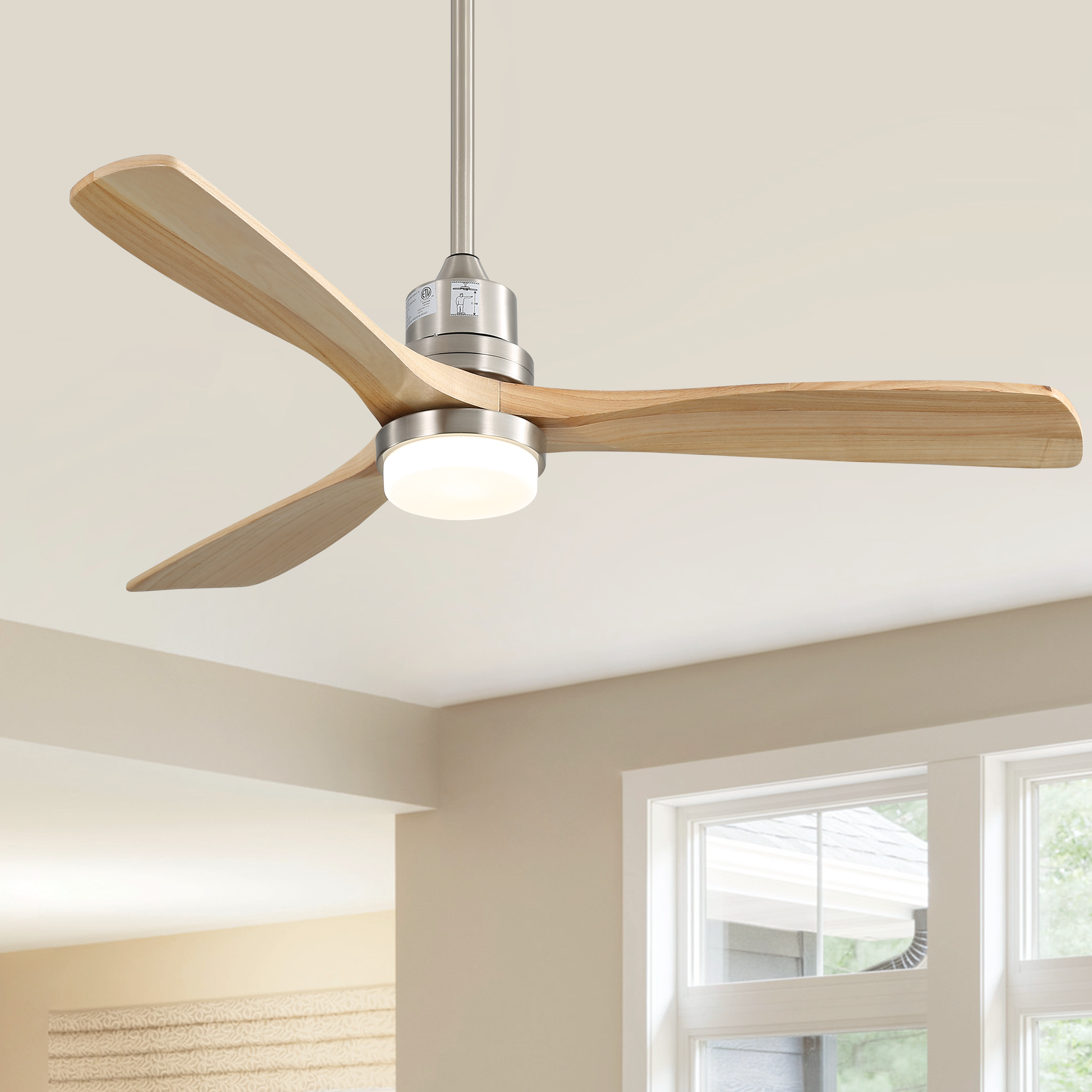 52 Inch Smart Ceiling Fan with Sand Nickel Finish 3 Natural Wood Blades LED 18W Triple Color Dimmable Memory Lighting and Remote Control