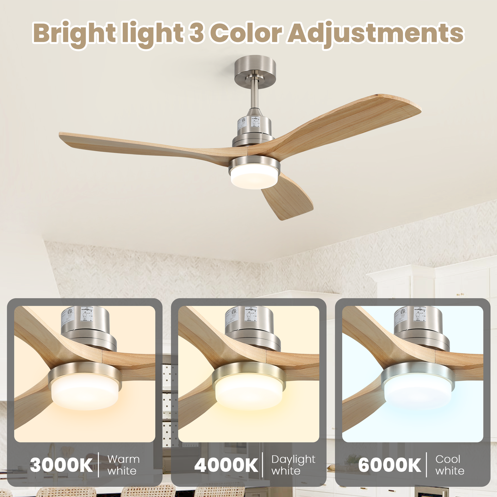 52 Inch Smart Ceiling Fan with Sand Nickel Finish 3 Natural Wood Blades LED 18W Triple Color Dimmable Memory Lighting and Remote Control