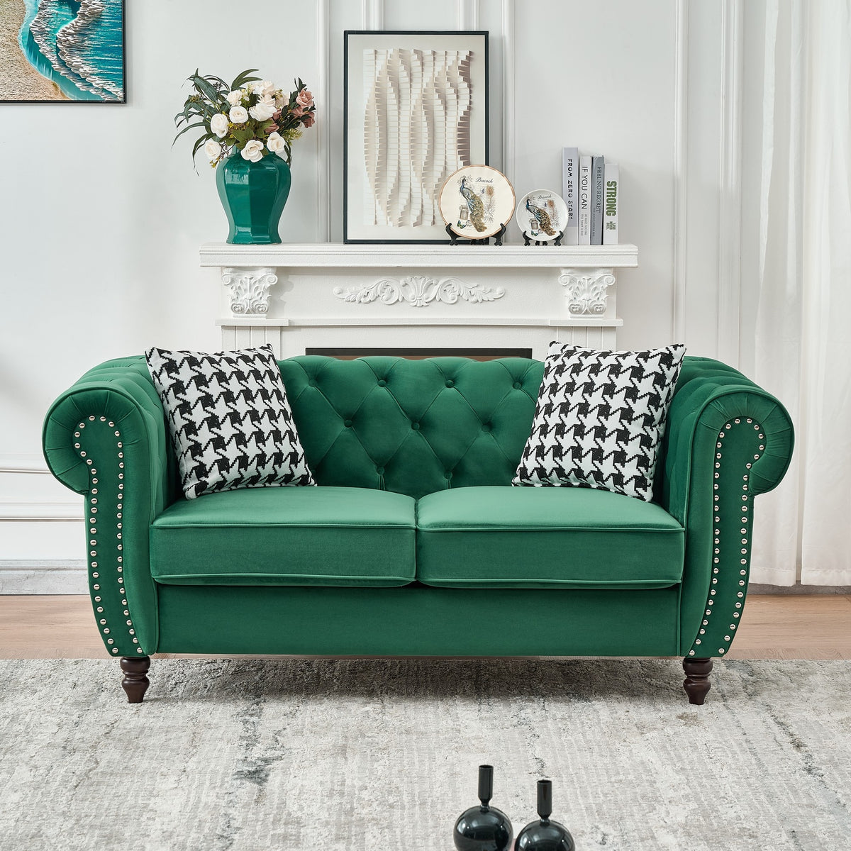 65"Chesterfield ‌velvet upholstery fabric Sofa with Roll Armrest & Nailhead,Upholstered Mid Century Modern Couch,2 Seater Couch for Living Room, Office, Apartment, Green